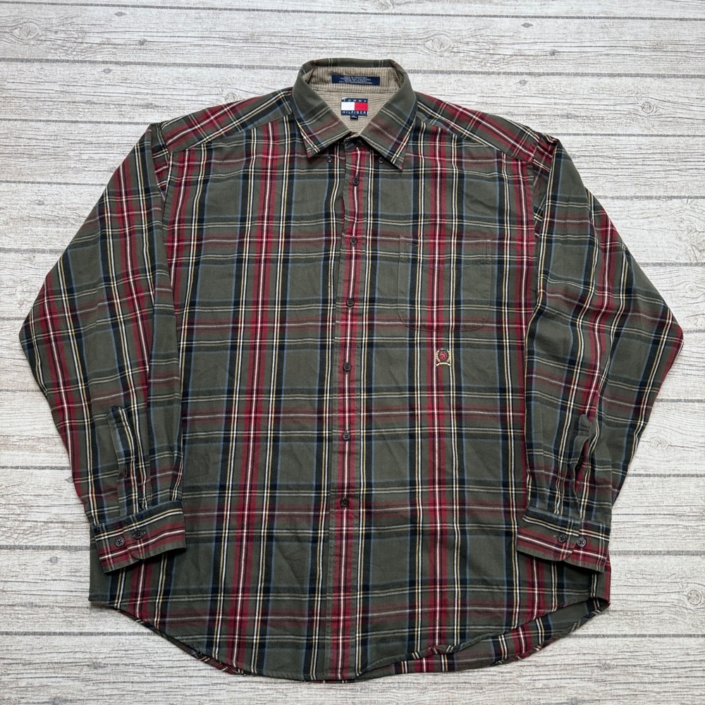 Tommy Hilfiger Shirt Men's XL Green Plaid Long Sleeve Button Down Cotton Western